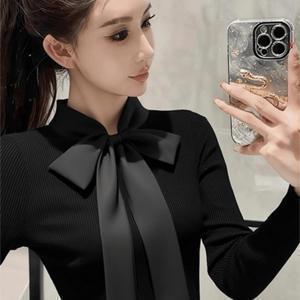 TEMU 블랙 스탠드업 칼라 리본 레이스업 슬림 탑 가을 겨울 여성 신상 아우터 & 인너웨어 겸용 탑