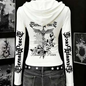 TEMU 고딕 로즈 후드 슬림핏 여성용 탑, 뒷면 성검 로즈 + 플로랄 스크립트 프린트, 니치 문학적 다크 스타일 탑. 빈티지 서브컬처 데일리 웨어, 데이트/커피숍 아웃핏. 정교한 디테일 하이엔드 피스, 봄, 여름, 가을에 적합. 디테일 애호가와 다크 고딕 스타일 애호가를 위한 필수 아이템!