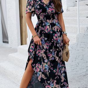 TEMU 여성용 꽃무늬 프린트 V넥 반팔 미디 드레스 - 블랙색, 분홍색, 보라색 및 흰색 꽃무늬, 봄과 여름 휴가에 완벽한 캐주얼한 반드레스, 휴가용 드레스|꽃무늬 드레스|V넥 라인 드레스
