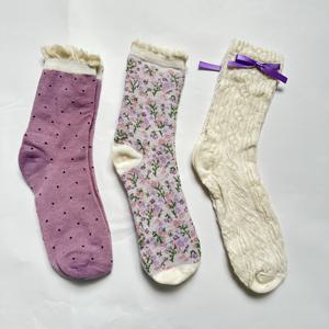 TEMU 귀여운 보라색 꽃무늬 미드 카프 여성용 양말 3켤레, 달콤한 흰색 리본 장식