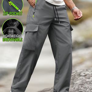 TEMU 남성용 스타일리시 캐주얼 단색 카고 바지, 드로스트링 허리 및 지퍼 포켓 디자인, 트렌디한 스포츠 및 일상복으로 완벽