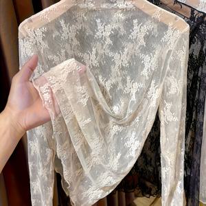 TEMU 여성용 여름 하프 터틀넥 레이스 안감 블라우스, 새로운 봄/여름/가을 스타일, 시스루 메쉬 긴소매 튤 베이스 레이어 탑, 여성 의류