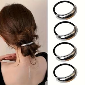 TEMU 두꺼운 머리카락용 은빛 메탈릭 기하학 헤어 타이 4개 세트, 탄력성이 좋고 손상 없는 골든 포니테일 홀더, 여성용 헤어 액세서리, 은색 세트, 우아하고 내구성 있는 기하학적 디자인, 휴일 선물용으로 훌륭한 선택