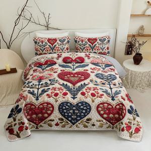 TEMU 빈티지 하트 & 보タニ컬 프린트 내구성 있는 퀼팅 베드스프레드 세트 2/3개, 베드스프레드 1개 + 베개 커버 1/2개(베개솜 미포함), 퀸 및 킹 사이즈, 가정 및 기숙사용, 고화질 프린트, 통기성 좋고 관리가 쉬움