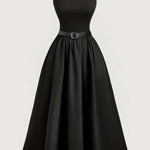 TEMU 여성 솔리드 컬러 여름 민소매 드레스 (벨트 포함) | 우아한 크루넥, 플레어 밑단, 핏 앤 플레어 실루엣, 신학기에 완벽