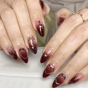 TEMU 10개 세트 알몬드 프레스온 아크릴 네일 중간 길이 광택 버건디 네일 3D 실버 라인 별 하트 & 달 디자인 레드 그라데이션 네일 재사용 가능 고딕 스위트-쿨 스타일 여성 데일리 웨어 페스티벌 파티 & 선물용