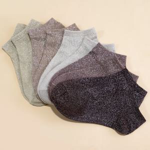 TEMU 여성용 랜덤 5팩 양말, 여름 스타일, 일본-한국 섹시 커피 컬러 솔리드 컬러 반짝이는 실버 실 패션 양말