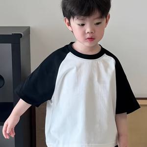 TEMU 남아용 트렌디한 여름 아동복, 중형 및 대형 사이즈 선택 가능, 패셔너블한 흑백 래글런 레귤러 반팔 티셔츠, 편안하고 활용도 높은