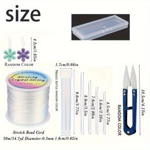 TEMU 반짝이 팔찌를 위한 탄력 있는 줄, 0.5mm 신축성 있는 팔찌 줄, 4가지 크기의 비즈 바늘, 가위, 바늘 꿰매기 도구를 포함한 DIY 보석 제작 목걸이 팔찌 비즈 실 (50m) 액세서리는 무작위로 색상이 지정됩니다. 액세서리 색상은 무작위로 지정됩니다.