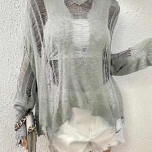 TEMU 플러스 사이즈 - 플러스 사이즈 - 인기 있는 엣지 플러스 사이즈 여성 솔리드 컬러 라운드넥 풀오버 스웨터, 캐주얼 찢어진 긴소매 탑