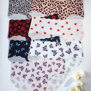 TEMU 7개 세트 물결 모양 팬 여성용 속옷 나비 패턴 사랑스러운 로우웨이스트 프린트 섹시 란제리 웨이브 도트 프린팅 차트 여성용 속옷 부드럽고 편안하며 무봉제