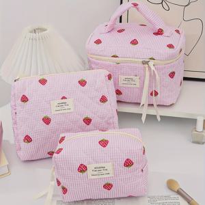 TEMU 새로운 3개 세트 대형 및 중형 딸기 프린트 간단한 만화 캐릭터 수납 가방 동전, 열쇠, 작은 신선하고 귀여운 핸드백 메이크업 용품을 담을 수 있는 대용량 여행 화장품 가방 선물, 어머니의 가장 친한 친구를 위한 축제