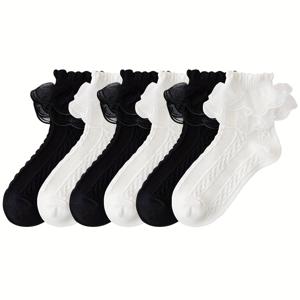 TEMU 레이스 러플이 있는 여아 양말 6켤레, 통기성 좋고 편안함, 댄스에 적합, 블랙 앤 화이트 색상으로 플로럴 레이스 장식으로 작은 공주님들을 위한 제품