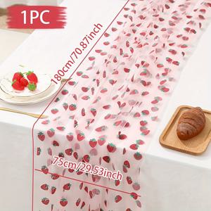 TEMU 1개, 핑크 딸기 메쉬 테이블 러너, 폴리에스터 고급스러운 핑크 베이스 레드 딸기 패턴 메쉬 테이블 러너 테이블 플래그, 딸기 생일, 결혼식 파티, 크리스마스, 부활절, 데이용 - 