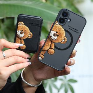 TEMU 폰케이스: 2개 1세트 & 패셔너블 럭셔리 올인클루시브 충격방지 카툰 브라운 베어 패턴 아이폰 16 15 14 13 12 11 프로 맥스 7 8 플러스 자석 흡착 폰케이스 & 고품질 가죽 자석 카드 클립 KJ1