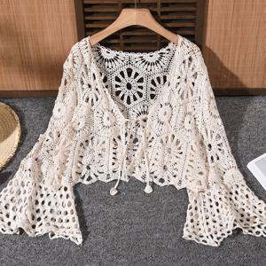 TEMU 봄/여름 스타일 할로우 V넥 벨 슬리브 가디건 (타이 포함)