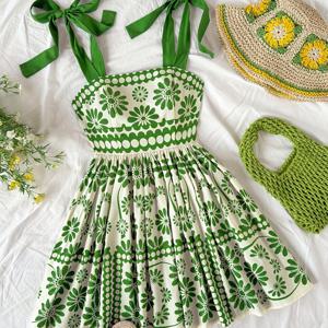 TEMU 유럽 및 미국 스타일 여름 휴가 축제 파티 플로럴 프린트 레이스업 리본 슬링 민소매 스모크 탄성 A라인 우아한 드레스