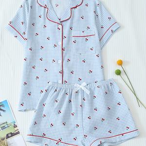 TEMU 여성용 블루 체크무늬 체리 프린트 여름 파자마 세트, 반팔 버튼 셔츠와 턴 칼라 및 리본 쇼츠, 봄과 여름을 위한 캐주얼 홈웨어