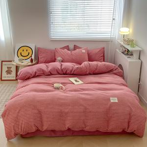 TEMU 4피스 이불 세트 (1*이불 커버 + 1*침대 시트 + 2*베개커버, 이불 코어 제외), 핑크 라인 프린팅 침구 세트, 부드럽고 편안한 사계절용 이불 커버, 침실 및 게스트룸에 적합