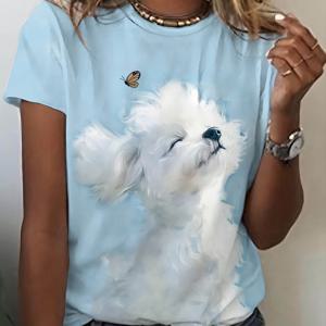 TEMU 귀여운 시리즈! 연한 파란색 베이스 나비를 쫓는 강아지 패턴 반팔 티셔츠, 여성용 패션 캐주얼 라운드넥 티셔츠, 봄 여름 상의