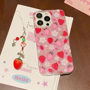 TEMU 귀여운 플로럴 레드 스트로베리 글리터 투명 케이스, 아이폰 11 12 13 Pro Max 12 Pro Max 13 Pro Max 14 Pro Max 15 Pro 16 Pro Max 호환 - 클리어 스트로베리 블라썸 LB+G01 스트로베리 랜야드