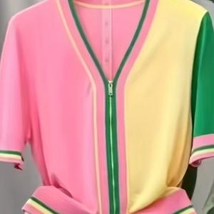 TEMU 플러스 사이즈, 플러스 사이즈 대조 지퍼 패션 V넥 반소매 가디건 여성 여름 신상 우아한 루즈 시크 탑