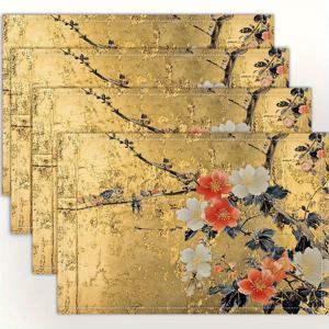 TEMU 세련된 일본풍 골드 플로럴 디자인 플래시매트 4개 세트. 식탁, 주방, 파티, 실내 사용, 휴일, 저녁 모임 및 홈 데코레이션에 적합한 트렌디한 프린트 테이블 매트 (테이블 매트). 크기: 12X18인치 Cpd14484