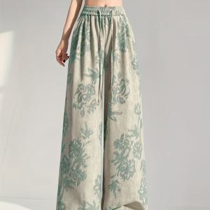 TEMU 프렌치 엘레강스 아이스 레이지 자수 여성용 와이드 레그 팬츠, 얇은 하이웨이스트, 루즈한 드레이프, 살을 감춰주고 날씬하게 보이게 함, 활기찬 스타일, 봄 여름 가을 캐주얼웨어