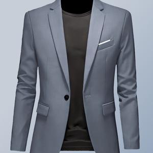 TEMU 남성 슬림핏 경량 비즈니스 캐주얼 싱글버튼 라펠 - 솔리드 컬러 노치 칼라 재킷, 기능 포켓 디자인, 오피스 & 세미포멀용, 봄 여름 가을 (손세탁/드라이클리닝), 다목적 아우터웨어, 모던 남성복, 내구성 있는 구조, 스타일리시한 메인