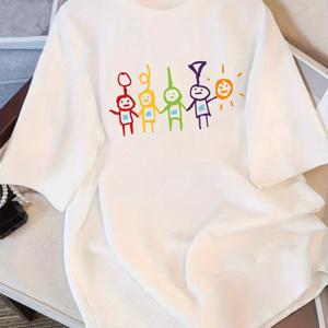 TEMU 여성용 화이트 캐주얼 반팔 크루넥 티셔츠 - 컬러풀 기하학 스틱맨 & 스타버스트 프린트, 세탁기 사용 가능, 사계절 편안한 핏, 레귤러 길이, 여성 티셔츠, 플레이풀 그래픽 티, 통기성 소재, 여가복