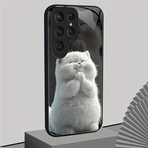 TEMU 휴대폰 케이스 - 마블 디자인 화이트 고양이 폰 케이스, 삼성 S25 Ultra, S24, S24 Ultra, S23, S23 Ultra, S22, S22 Plus, S21 및 S21 Ultra 호환, 하드 강화 유리 충격 방지 보호 기능 포함