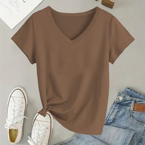TEMU 여성용 캐주얼 V넥 반팔 티셔츠 - 부드러운 폴리에스터 소재, 솔리드 컬러 사계절 레이어링 블라우스, 기계 세탁 가능 일상 베이직 티, 편안한 핏