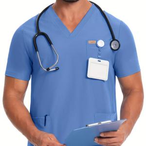 TEMU 남성용 반팔 스트레치 작업복 유니폼, 실험실 가운, 손세탁용 커버올, 반려동물 미용실 포켓 즐거운 얼굴 로고 작업복, 통기성 좋은 스트레치 브이넥 싱글 상의