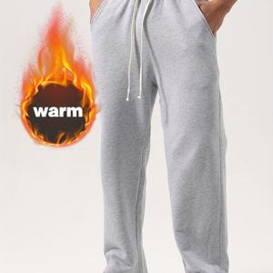 TEMU 남성용 플리스 두꺼운 드로스트링 캐주얼 바지, 가을 겨울 단색 탄성 허리 루즈핏 운동 바지 (포켓 포함), 러닝 및 야외 활동 피트니스 레그 바지, 섬유 따뜻함, 세탁기 사용 가능