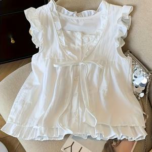 TEMU 여성용 러플 엣지의 우아한 레이어드 셔츠, 젊은하고 넉넉한 핏, 민소매 인형 탑