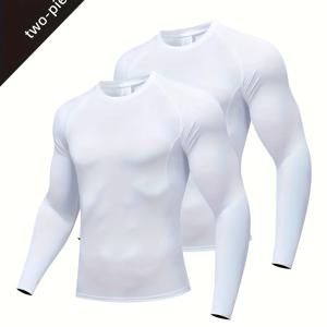 TEMU 남성용 압축 셔츠 2pcs, 긴팔 크루넥 탑, 고탄력 폴리에스터-스판덱스 혼방, 솔리드 컬러 스포츠 베이스 레이어, 통기성 핏티드 니트 티셔츠, 러닝, 트레이닝, 헬스, 피트니스, 사계절용