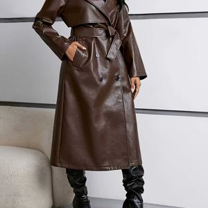 TEMU 여성용 레귤러핏 PU 롱 트렌치 코트 - 대조 컬러 라펠 & 랩 벨트