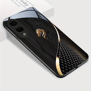 TEMU 삼성 갤럭시 S25 에지 폰 케이스, 골든 드래곤 헤드 & 블랙 우드 그레인 강화유리 충격방지 백커버