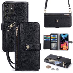 TEMU 삼성 갤럭시 S25 울트라용 리치 패턴 케이스, 금속 지퍼 지갑 플립 커버 카드 홀더, 긴 끈, 짧은 손목 스트랩 및 스탠드 포함, 갤럭시 S25 플러스/S25/S25 FE/S24 울트라/S24 FE/S24+/S23 U/S23에 적합, 고급 럭셔리 카드 슬롯과 자석 버클