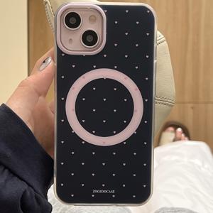 TEMU 아이폰 16 15 14 13 프로 맥스 케이스: 귀여운 도트 하트 마그네틱 무선충전 블랙 케이스, 충격방지 커버