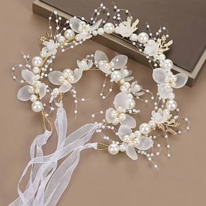 TEMU 요정 공주 머리띠와 팔찌 2개 세트 - 인조 진주와 꽃무늬 디자인, 화이트 & 핑크 웨딩 생일 파티 액세서리, 손세탁 가능한 우아한 티아라, 특별한 날을 위한, 정교하게 제작된 신부 헤어 액세서리, 몽환적인 헤어 장식