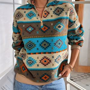 TEMU 여성용 가을/겨울 기하학 프린트 집업 루즈핏 캐주얼 플러시 스웨트셔츠