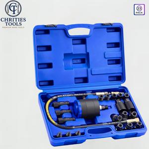 TEMU Chrities Tools 23pcs 디젤 인젝터 풀러 툴 키트, 디젤 엔진 공압식 인젝터 풀러 세트 23pcs 5-8 Bar 에어 진동 인젝터 제거 툴 세트 (19개 어댑터, 연장 호스 및 EU US APAC 커넥터 포함), 배터리 없음