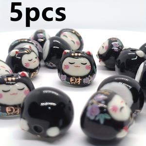 TEMU 행운의 고양이 & 부자 세라믹 비즈 5개 세트 - DIY 액세서리 만들기용 수제 참, 컬러풀 수직홀 비즈 (1.4x1.6cm) 목걸이 펜던트, 행운의 고양이 액세서리