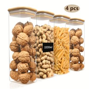 TEMU 뚜껑 있는 밀폐형 사각 주방 보관 용기 4개 세트, 1000ml, 고붕규산 透明유리 식품 저장 병, 양념 용기, 모든 식품용 보관 상자, 곡물, 시리얼, 파스타, 커피, 오트밀 등 보관용, 주방 정리용