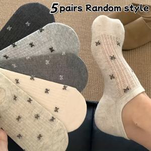 TEMU 5켤레 랜덤 포장, 보우 타이 인스 스타일 여성용 양말 보트 양말 여름 얇은 버전 미끄럼 방지 뒤꿈치 없음 투명 통기성 속이 빈 얕은 입 양말