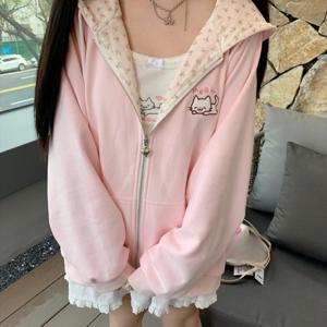 TEMU Y2K 가을 겨울 핑크 귀여운 카와이 캐주얼 패션 고양이 자수 지퍼 후드 긴팔 스웨트셔츠 여성 의류