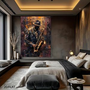 TEMU 1개 대형 색소폰 연주자 벽 장식 - 레트로 재즈 음악 포스터, 골드, 블랙, 레드 & 브라운 톤 - 나무 프레임 캔버스 색소폰 연주자 그림, 거실, 음악 스튜디오, 재즈 데코 - 음악가 & 재즈 애호가를 위한 이상적인 선물, 2D 평면