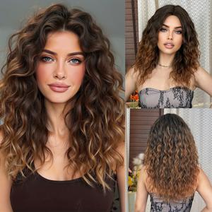 TEMU 20인치 골든 브라운 그라데이션 롱 컬리 가발, 트리밍 가능한 여성용 가발 헤어밴드, 데일리 업무, 데이트, 뮤직 페스티벌, 할로윈, 크리스마스 등에 적합. 고온 합성 로즈 네트 가발로 휴일 스타일을 쉽게 연출할 수 있습니다.