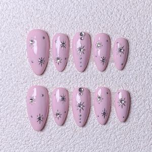TEMU 10개입 핸드메이드 아몬드 프레스 네일 핑크 베이스 별 스파클 실버 물방울 무늬 우아한 매니큐어, 데일리 파티 및 모든 행사에 적합, 재사용 가능